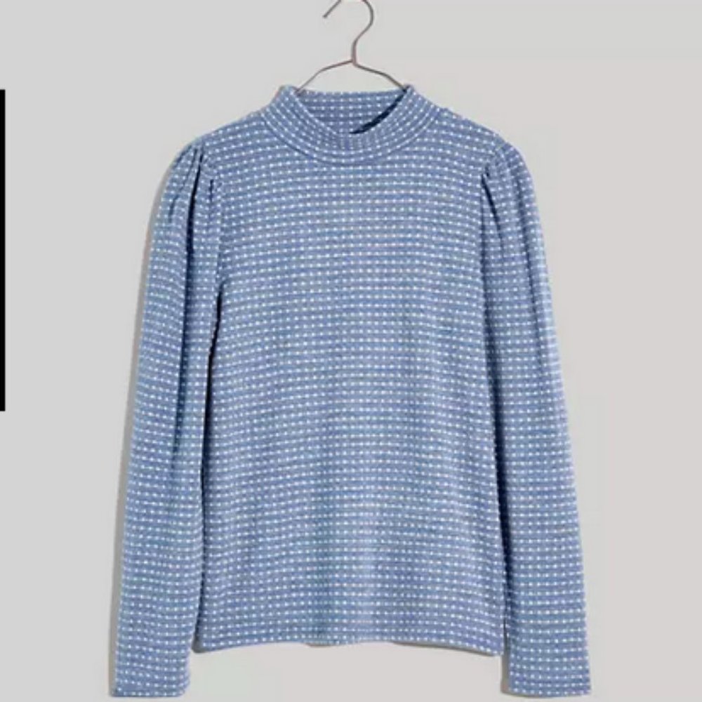 NWT Madewell Jacquard Puff-Sleeve Mockneck Top /MEDIUM / TRANQUIL LAKE